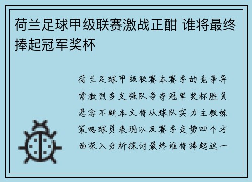 荷兰足球甲级联赛激战正酣 谁将最终捧起冠军奖杯