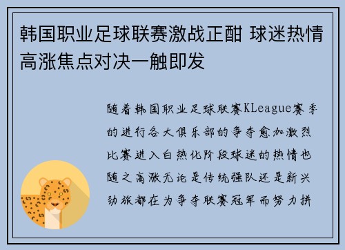 韩国职业足球联赛激战正酣 球迷热情高涨焦点对决一触即发